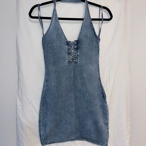 Halter jean mini dress